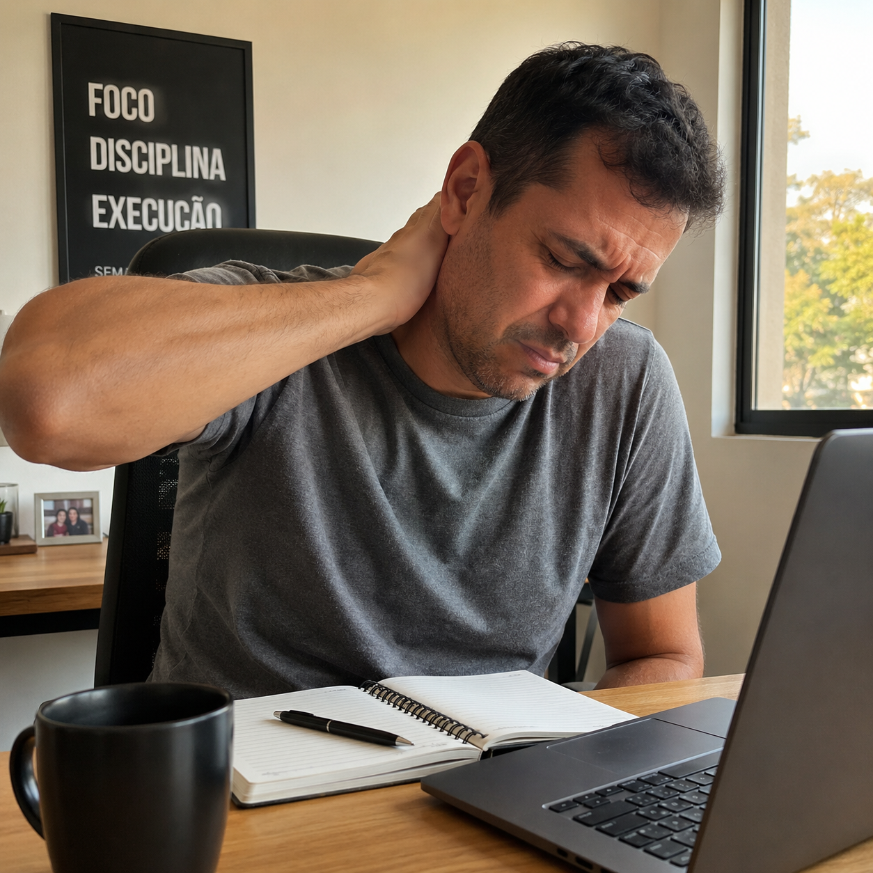 Homem com dor no pescoço trabalhando no computador