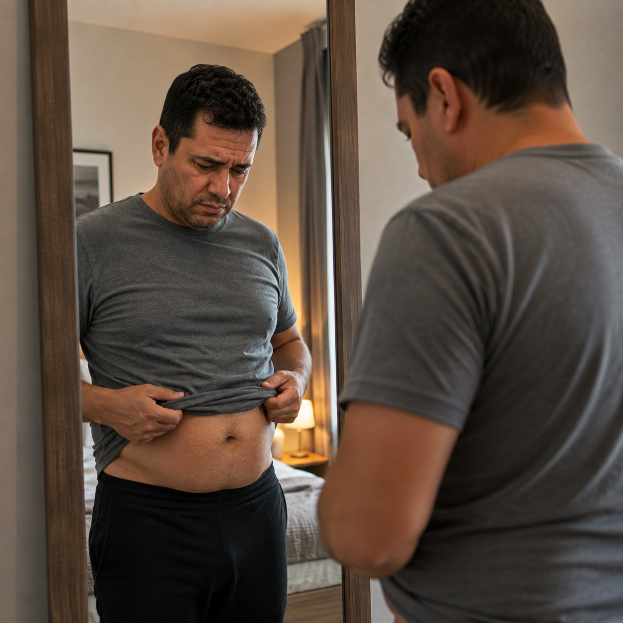 Homem inseguro olhando para a barriga no espelho